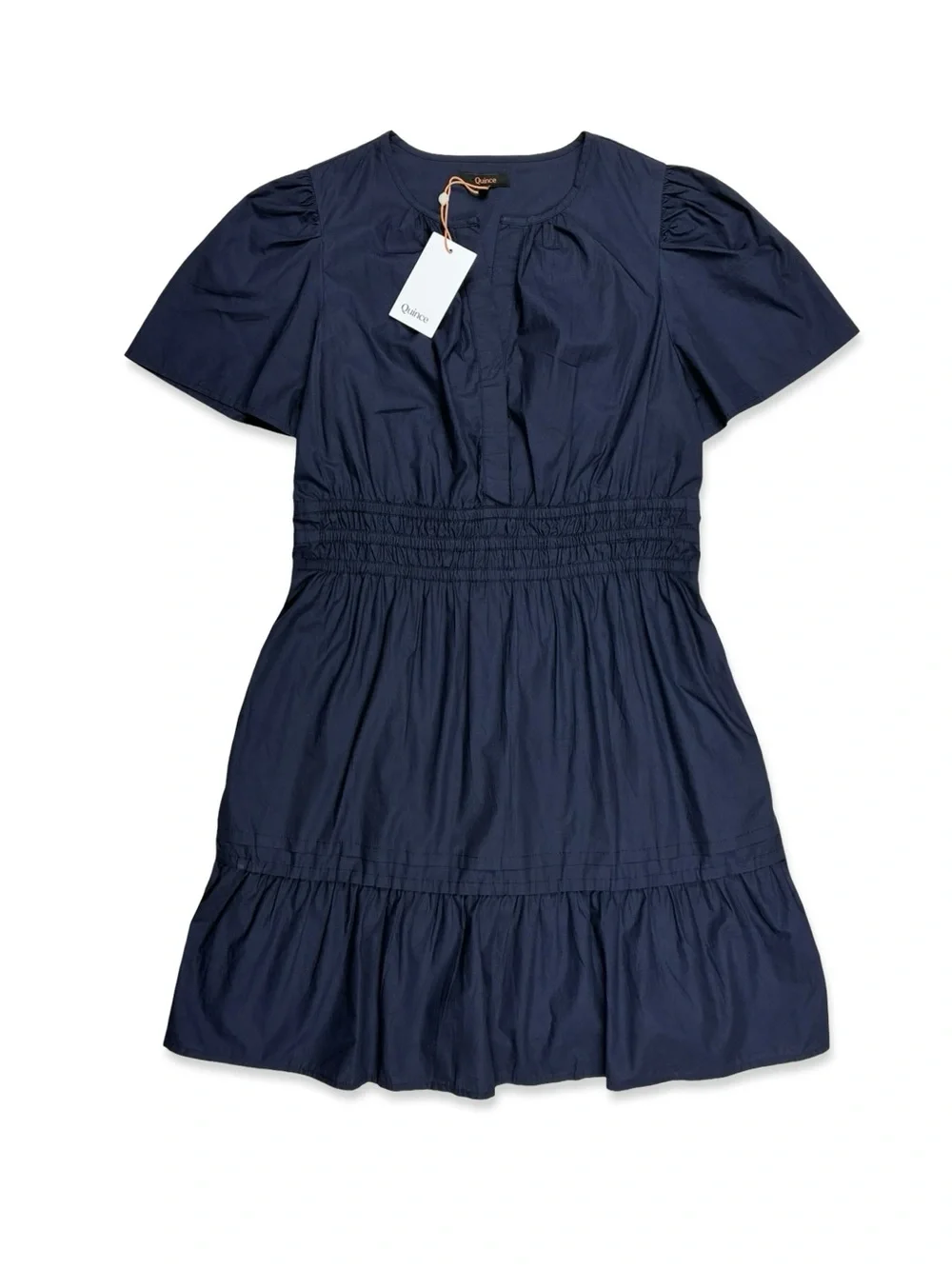 Quince Navy Blue Organic Cotton Tiered Mini Dress